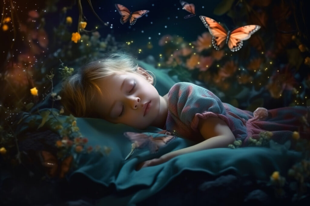 AI generated picture of a little girl sleeping peacefully in the forest while butterflies are flying around