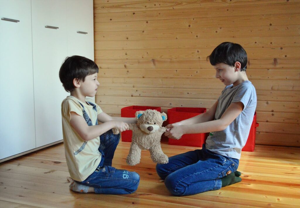 Two children fighting over a teddy bear.